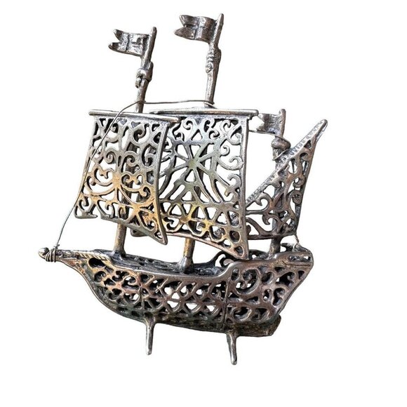 VTG Boat Ship Sculpture Ornate Filigree Nautical Italy 925 Sterling Silver 24.2g - Picture 1 of 8